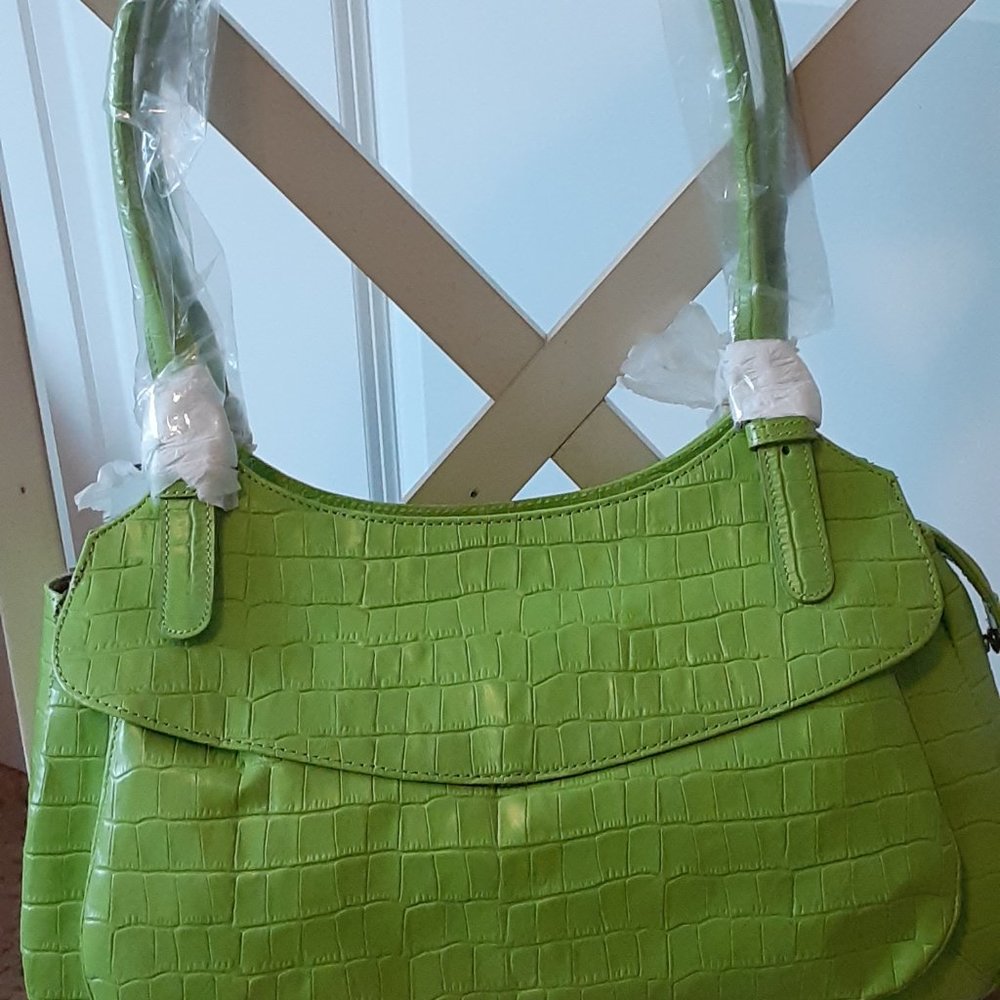 Croco Embossed Leather Zip Top Bag